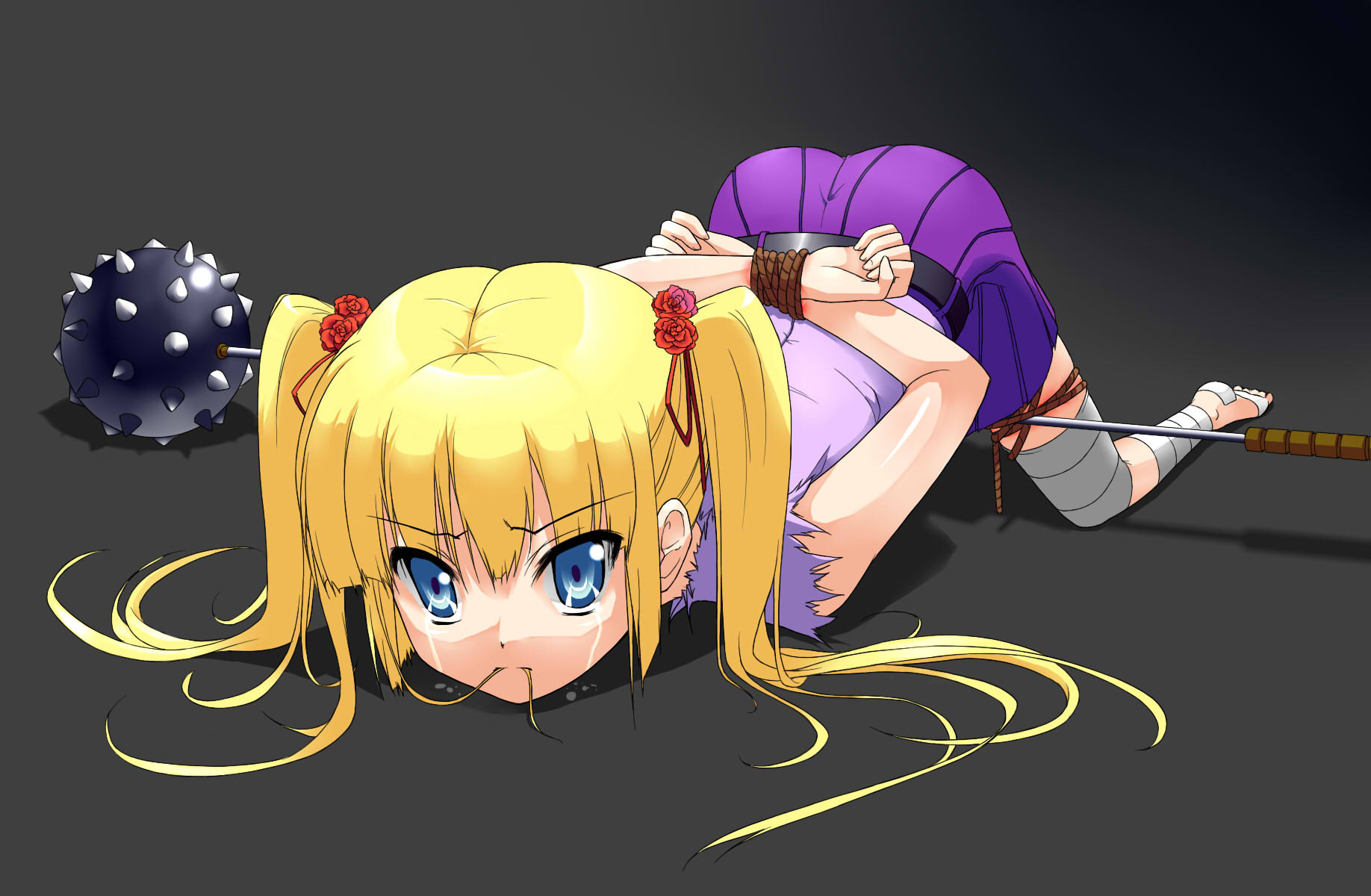 tosikage, kooh (pangya), pangya, colorized, highres, 1girl, alternate hair color, arms behind back, bandages, barefoot, bdsm, blonde hair, blue eyes, bondage, bound, bound wrists, female focus, flower, golf club, hair flower, hair in own mouth, hair ornament, imminent rape, long hair, mace, mouth hold, rape, rope, rose, skirt, solo, spiked mace, spikes, tears, top-down bottom-up, torn clothes, twintails, weapon