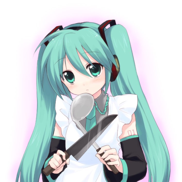 usashiro mani, hatsune miku, vocaloid, bad id, bad pixiv id, apron, detached sleeves, headphones, knife, ladle, long hair, necktie, solo, twintails