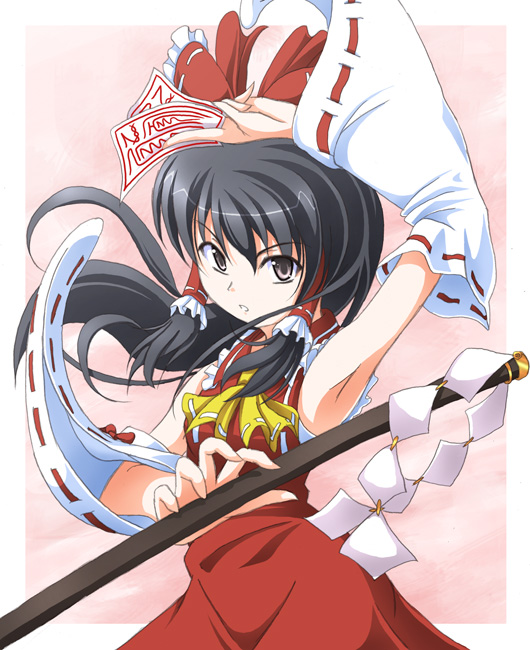 tri, hakurei reimu, touhou, 1girl, armpits, female focus, gohei, gradient background, japanese clothes, miko, ribbon, solo