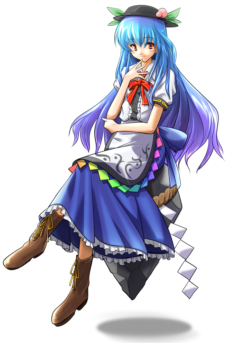 shirosa, hinanawi tenshi, touhou, highres, 1girl, bad anatomy, bad feet, blue hair, female focus, floating, floating object, food, fruit, hand on own face, hat, kaname-ishi, long hair, peach, poorly drawn, ribbon, rope, shimenawa, simple background, sitting, sitting on object, smile, solo