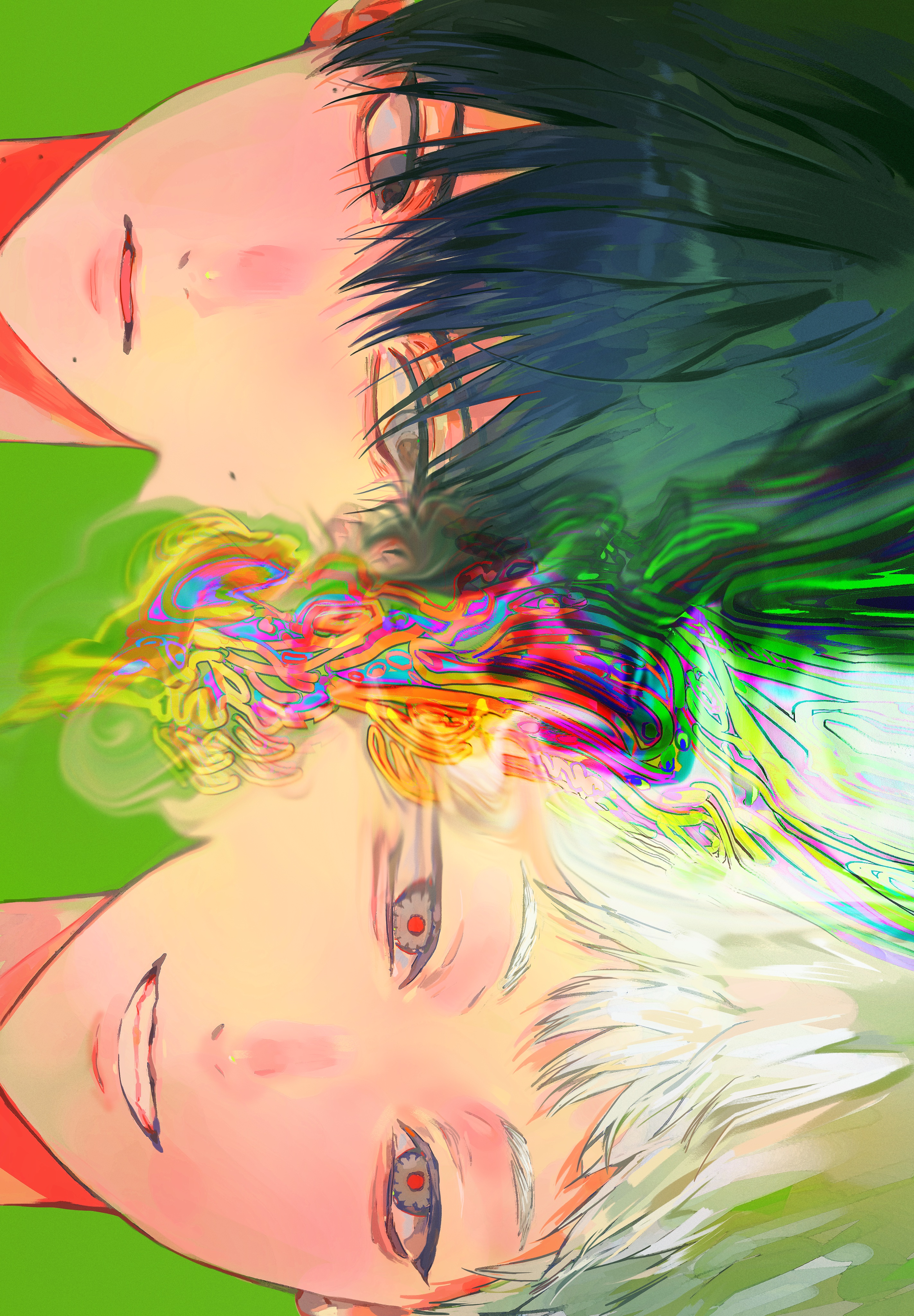 indou hikaru, tsujinaka yoshiki, hikaru ga shinda natsu, absurdres, highres, 2boys, black eyes, black hair, body horror, carl 4, green background, hair between eyes, looking at another, looking at viewer, male focus, mole, mole on cheek, mole on neck, mole under eye, mole under mouth, multiple boys, multiple moles, portrait, red pupils, short hair, simple background, smile, teeth, white hair