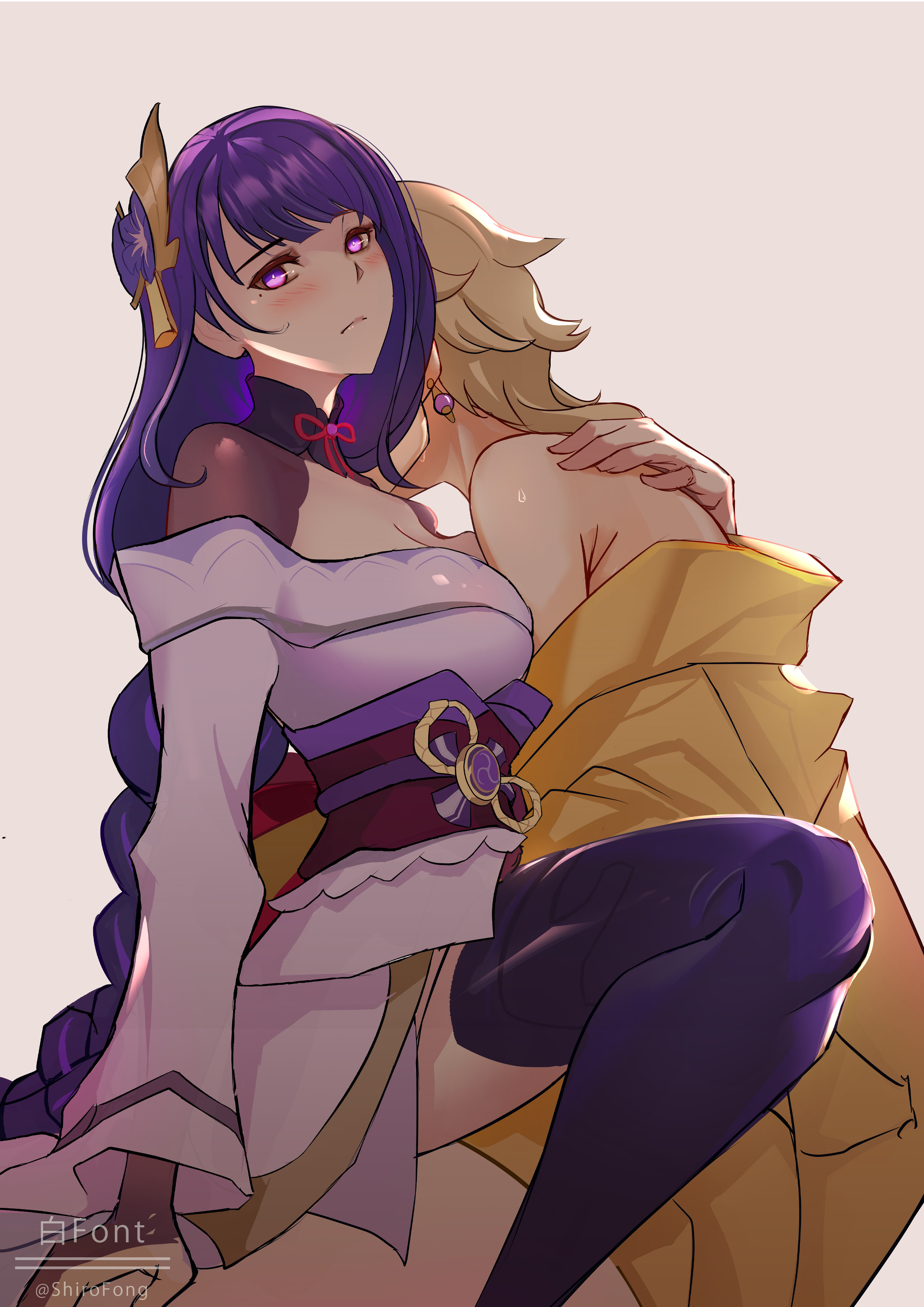 shiro font, aether (genshin impact), raiden shogun, genshin impact, absurdres, commentary request, highres, 1boy, 1girl, artist name, bare shoulders, blonde hair, blush, braid, breasts, clothed sex, earrings, hair ornament, hetero, japanese clothes, jewelry, kimono, large breasts, long hair, mole, mole under eye, off shoulder, purple eyes, purple hair, purple kimono, purple thighhighs, sex, short kimono, thighhighs