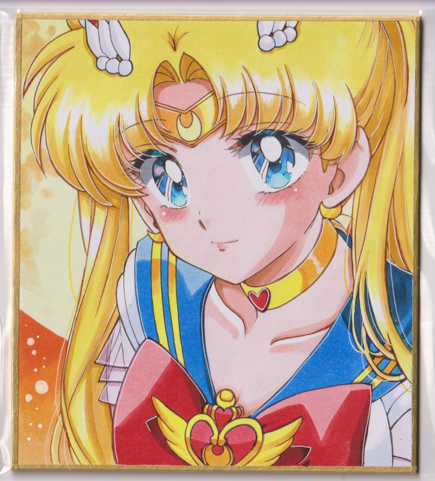 chikoto (kztc4472), sailor moon, super sailor moon, tsukino usagi, bishoujo senshi sailor moon, bishoujo senshi sailor moon supers, commentary, highres, traditional media, 1girl, blonde hair, blue eyes, blue sailor collar, blush, bow, bowtie, brooch, choker, closed mouth, collarbone, crescent, crescent earrings, double bun, earrings, hair bun, hair ornament, heart, heart brooch, jewelry, long hair, looking at viewer, magical girl, parted bangs, red bow, red bowtie, sailor collar, sailor senshi uniform, shirt, short sleeves, smile, solo, twintails, upper body, white shirt, wing hair ornament, yellow choker