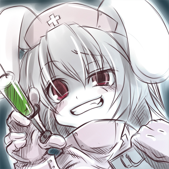 noya makoto, inaba tewi, touhou, 1girl, animal ears, fang, female focus, gradient background, grin, needle, nurse, rabbit ears, red eyes, smile, solo, syringe, upper body