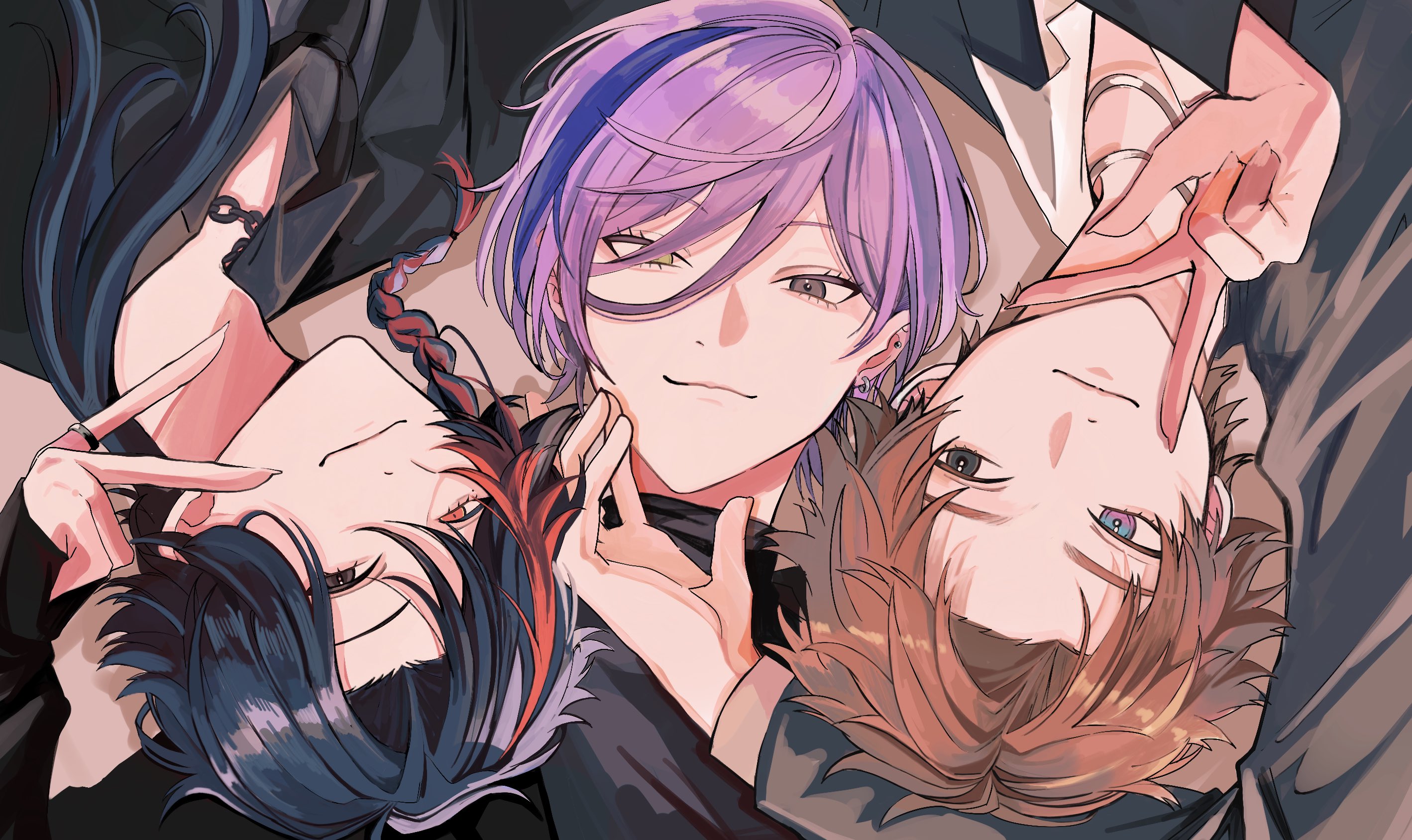 sirasu ko, kaisei (nijisanji), kitami yusei, sakaki ness, nijisanji, commentary request, highres, 3boys, black eyes, black hair, brown hair, close-up, closed mouth, curtained hair, grey eyes, heterochromia, jewelry, looking at viewer, male focus, multicolored hair, multiple boys, purple hair, red eyes, red hair, ring, streaked hair, upper body, upside-down, v, v over mouth, virtual youtuber