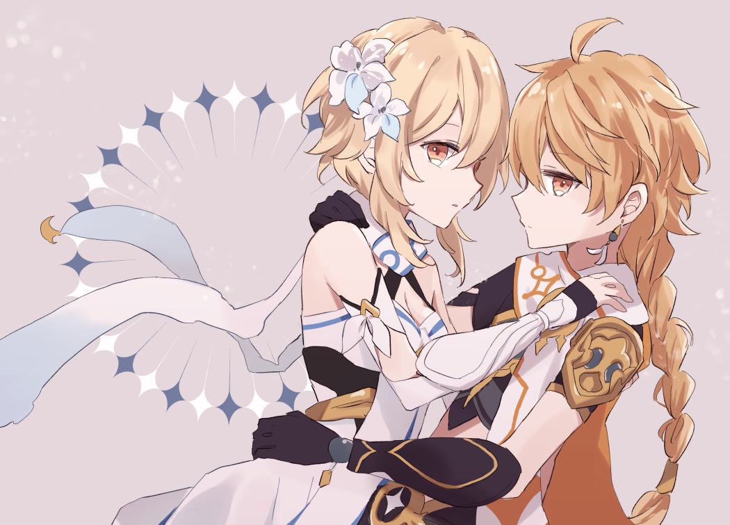 k0same0, aether (genshin impact), lumine (genshin impact), genshin impact, 1boy, 1girl, ahoge, bare shoulders, blonde hair, brother and sister, dress, earrings, flower, gauntlets, hair between eyes, hair flower, hair ornament, hug, jewelry, looking at viewer, midriff, siblings, simple background, white dress, white flower, yellow eyes