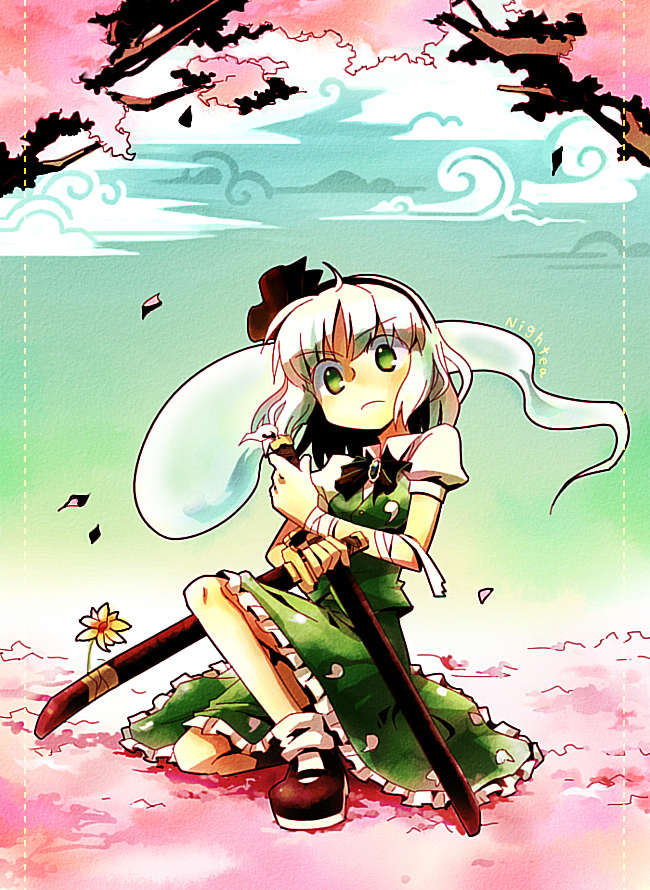 nightea, konpaku youmu, konpaku youmu (ghost), touhou, silver hair, 1girl, cherry blossoms, faux traditional media, female focus, frown, ghost, green eyes, hairband, hitodama, katana, kneeling, on one knee, petals, sheath, sheathed, short hair, solo, sword, weapon
