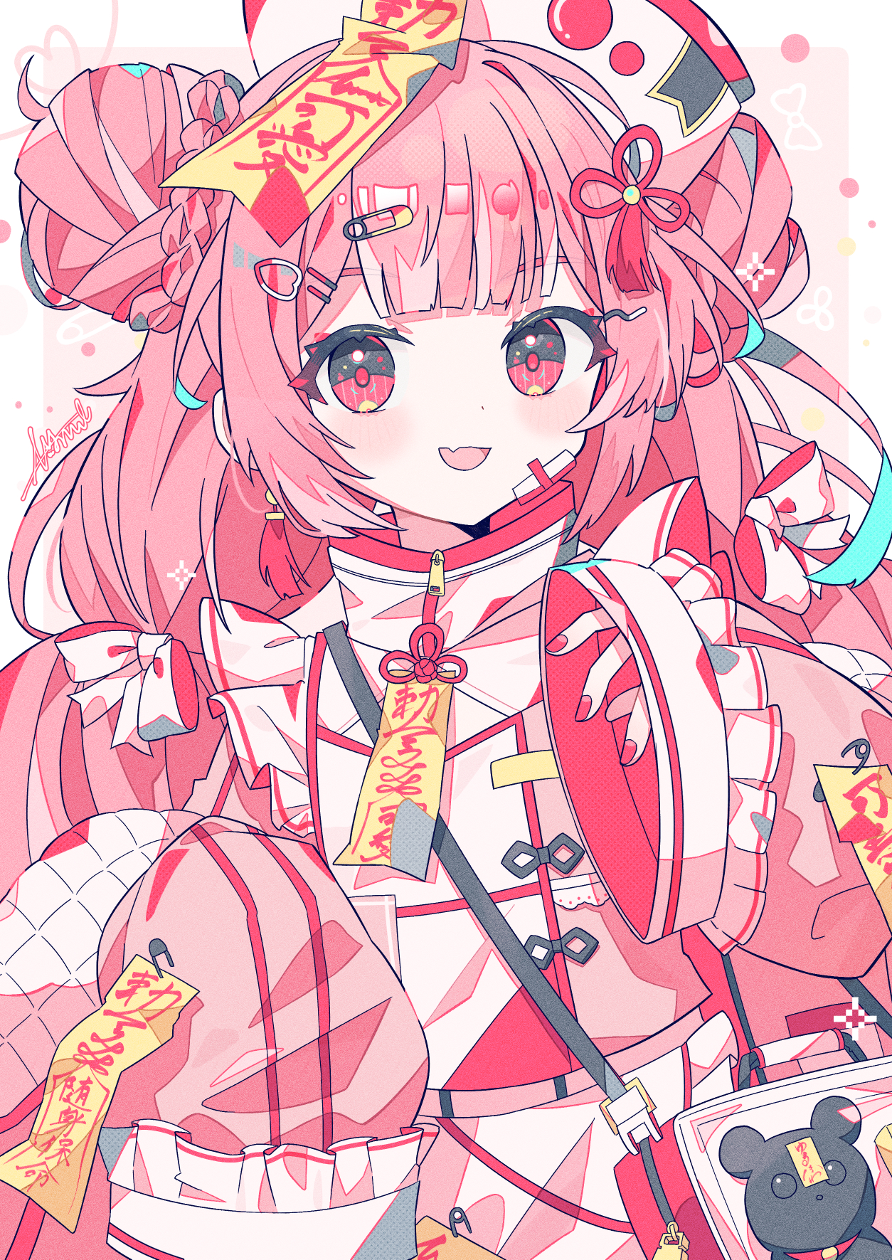 aramedraw, original, commentary, highres, 1girl, :d, blush, border, fang, jacket, long sleeves, looking at viewer, nail polish, ofuda, ofuda on head, open mouth, outside border, pink background, pink jacket, red eyes, red nails, signature, skin fang, sleeves past fingers, sleeves past wrists, smile, solo, track jacket, upper body, white border, zipper