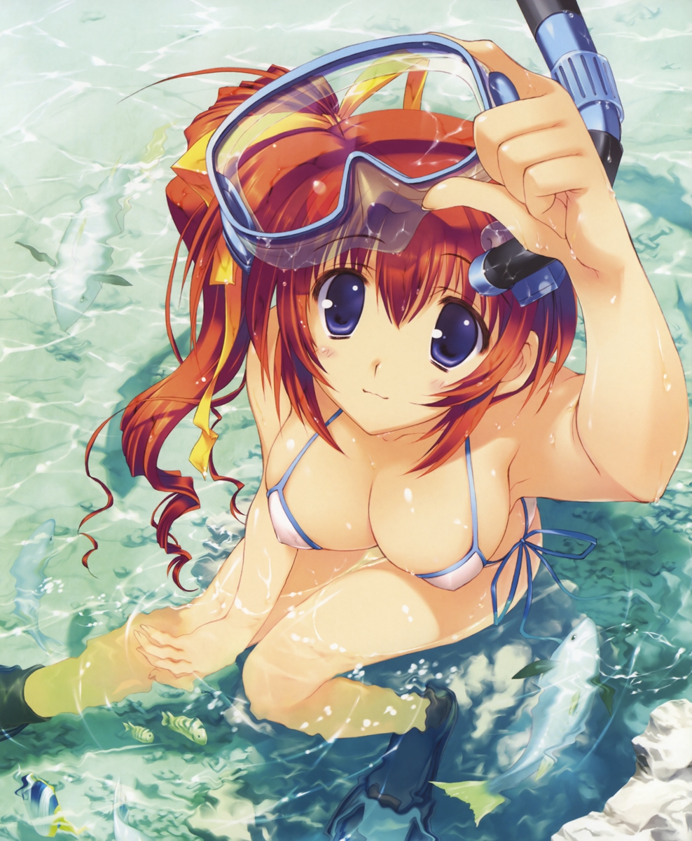 amazuyu tatsuki, mitsumi misato, takase mizuki, comic party, highres, 00s, 1girl, bikini, bow, breasts, cleavage, female focus, flippers, goggles, hair bow, red hair, side-tie bikini bottom, snorkel, solo, swimsuit, white bikini, yellow bow