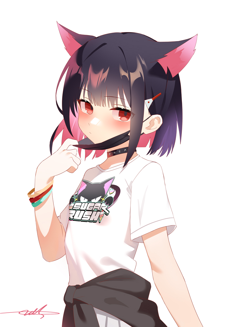 zds, kazusa (band) (blue archive), kazusa (blue archive), blue archive, chinese commentary, commentary request, partial commentary, 1girl, :/, animal ears, animal print, arm at side, black choker, black hair, black jacket, black mask, blush, breasts, cat ears, cat print, choker, closed mouth, clothes around waist, colored inner animal ears, colored inner hair, eyes visible through hair, jacket, jacket around waist, looking at viewer, mask, mask pull, mouth mask, multicolored hair, no halo, official alternate costume, pink hair, pleated skirt, print shirt, red eyes, shirt, short hair, short sleeves, sidelocks, signature, simple background, skirt, small breasts, solo, t-shirt, two-tone hair, upper body, white background, white shirt, white skirt, wristband