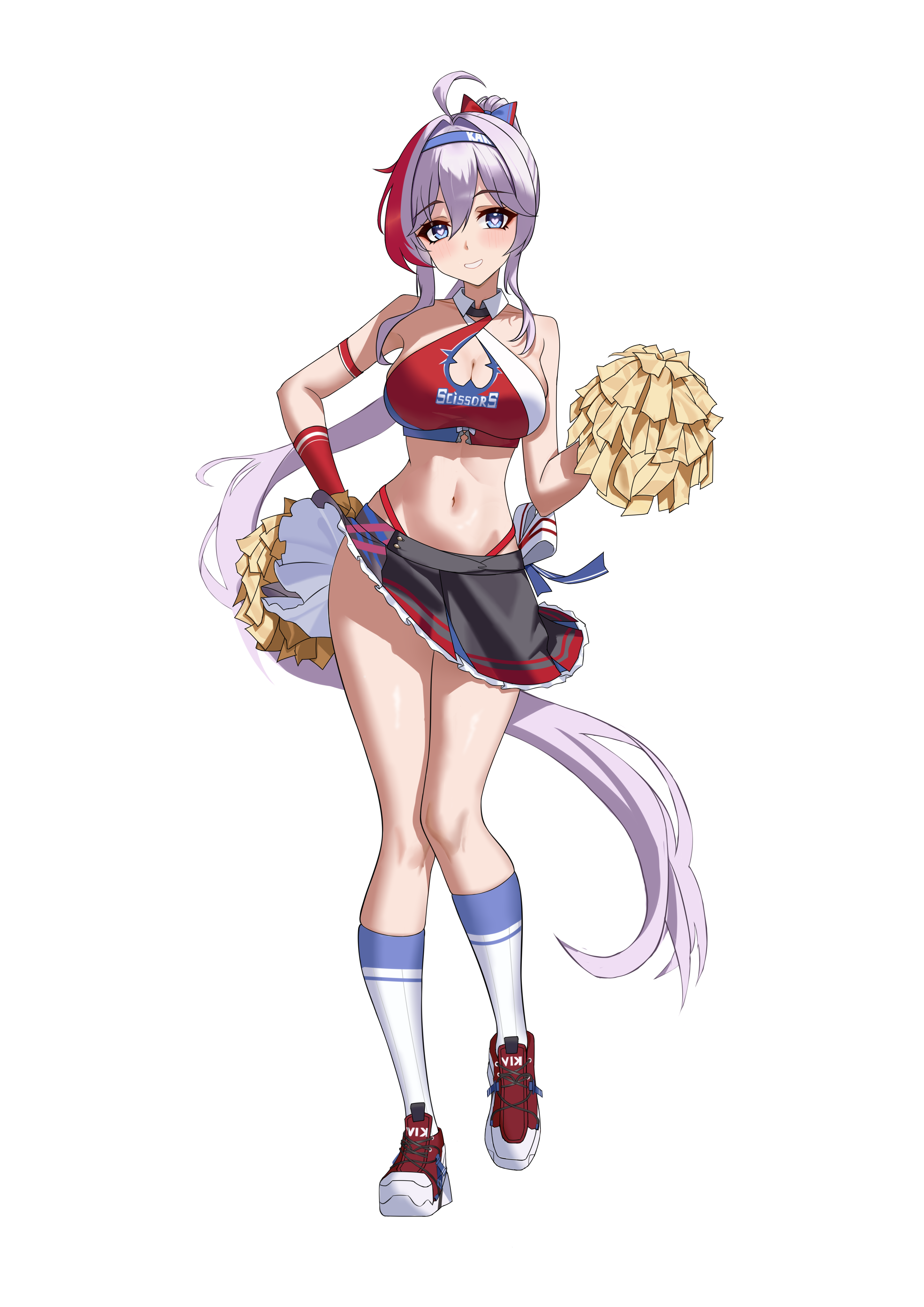 rain sorrow, kanami (strinova), strinova, absurdres, highres, 1girl, ahoge, armband, armpit crease, asymmetrical clothes, bare shoulders, blue eyes, blush, breasts, cheerleader, cleavage, collarbone, crop top, halterneck, hand up, heart, heart-shaped pupils, highleg, highleg panties, large breasts, long hair, looking at viewer, miniskirt, multicolored hair, navel, panties, parted lips, pom pom (cheerleading), ponytail, red hair, shoes, sidelocks, simple background, skirt, smile, solo, standing, symbol-shaped pupils, teeth, thick thighs, thighs, underwear, white background, white hair