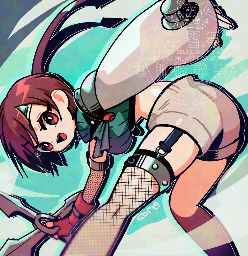 goma yammy, yuffie kisaragi, final fantasy, final fantasy vii, 1girl, armor, artist name, bent over, breasts, brown eyes, brown hair, chest strap, crop top, feet out of frame, fingerless gloves, gloves, green background, green shirt, grey shorts, headband, holding, holding shuriken, holding weapon, looking at viewer, medium breasts, midriff, open mouth, orange gloves, pauldrons, shirt, short hair, short shorts, shorts, shoulder armor, shuriken, single arm guard, single fishnet armwear, single fishnet legwear, single pauldron, sleeveless, sleeveless turtleneck, smile, solo, turtleneck, weapon