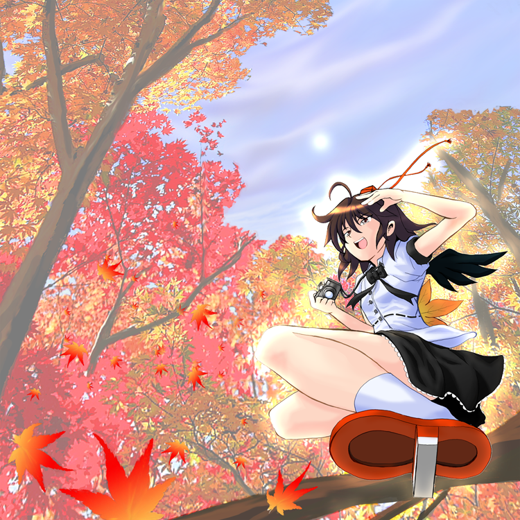 icchuu, shameimaru aya, touhou, 1girl, autumn, black wings, female focus, geta, hat, leaf, looking at viewer, open mouth, solo, tengu-geta, wings