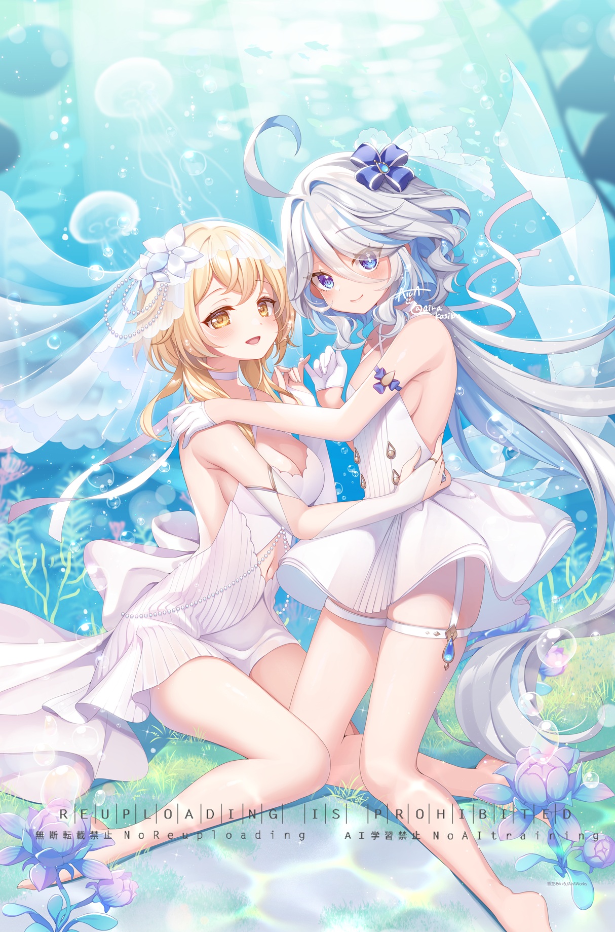kashiba aira, furina (genshin impact), lumine (genshin impact), genshin impact, commentary request, highres, 2girls, air bubble, alternate costume, armpit crease, artist name, backless dress, backless outfit, blonde hair, blue eyes, blush, breasts, bridal gauntlets, bubble, caustics, choker, cleavage, closed mouth, cowlick, criss-cross halter, dress, drop-shaped pupils, face-to-face, feet out of frame, gloves, grey hair, half gloves, halterneck, hand on another's hip, hand on another's shoulder, jellyfish, kneeling, long hair, looking at viewer, medium breasts, multiple girls, open mouth, short hair with long locks, sideboob, signature, sitting, skindentation, small breasts, submerged, symbol-shaped pupils, thigh strap, thighs, twitter username, underwater, veil, wariza, watermark, wavy hair, white choker, white dress, white gloves, white veil, yellow eyes