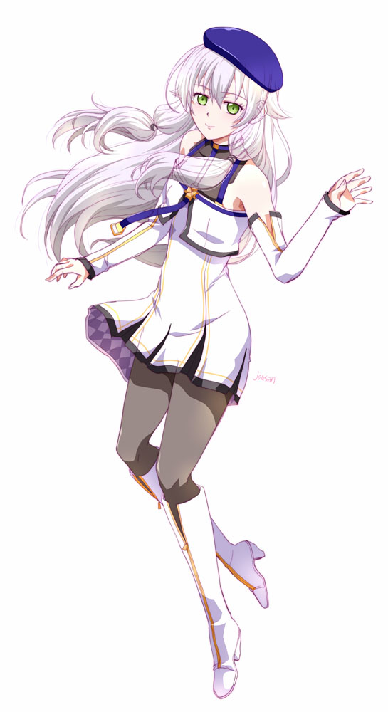 xiacheng tatsuya, altina orion, eiyuu densetsu, kai no kiseki, kuro no kiseki (series), commentary request, 1girl, artist name, bare shoulders, beret, black thighhighs, blue hat, boots, detached sleeves, double-parted bangs, dress, floating hair, green eyes, hair between eyes, hair bobbles, hair ornament, hat, high heel boots, high heels, long hair, looking at viewer, simple background, smile, solo, tachi-e, thighhighs, two side up, white background, white dress