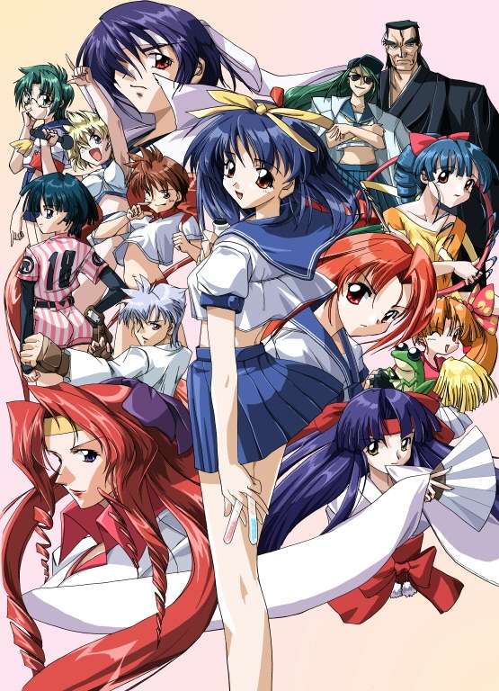 csy, cathy wild, furutachi ichiko, hojo torami, honda asuka, houjou torami, kawasaki shinobu, mitarai kiyoko, ogigaya tetsuko, ookubo kumi, owada nana, shindo genichiro, shindo tamaki, shindou gen'ichirou, shindou tamaki, suzuki megumi, toyota karina, yamazaki ryuko, yamazaki ryuuko, asuka 120%, silver hair, annotation request, 3boys, 6+girls, bare legs, black hair, blue eyes, blue hair, blue sailor collar, blue skirt, blush, bow, everyone, formal clothes, green hair, long hair, looking at viewer, multiple boys, multiple girls, okubo kumi, pleated skirt, puffy short sleeves, puffy sleeves, red eyes, red hair, sailor collar, school uniform, serafuku, shirt, short hair, short sleeves, skirt, standing, suit, sunglasses, twintails, very long hair, white shirt, yellow bow