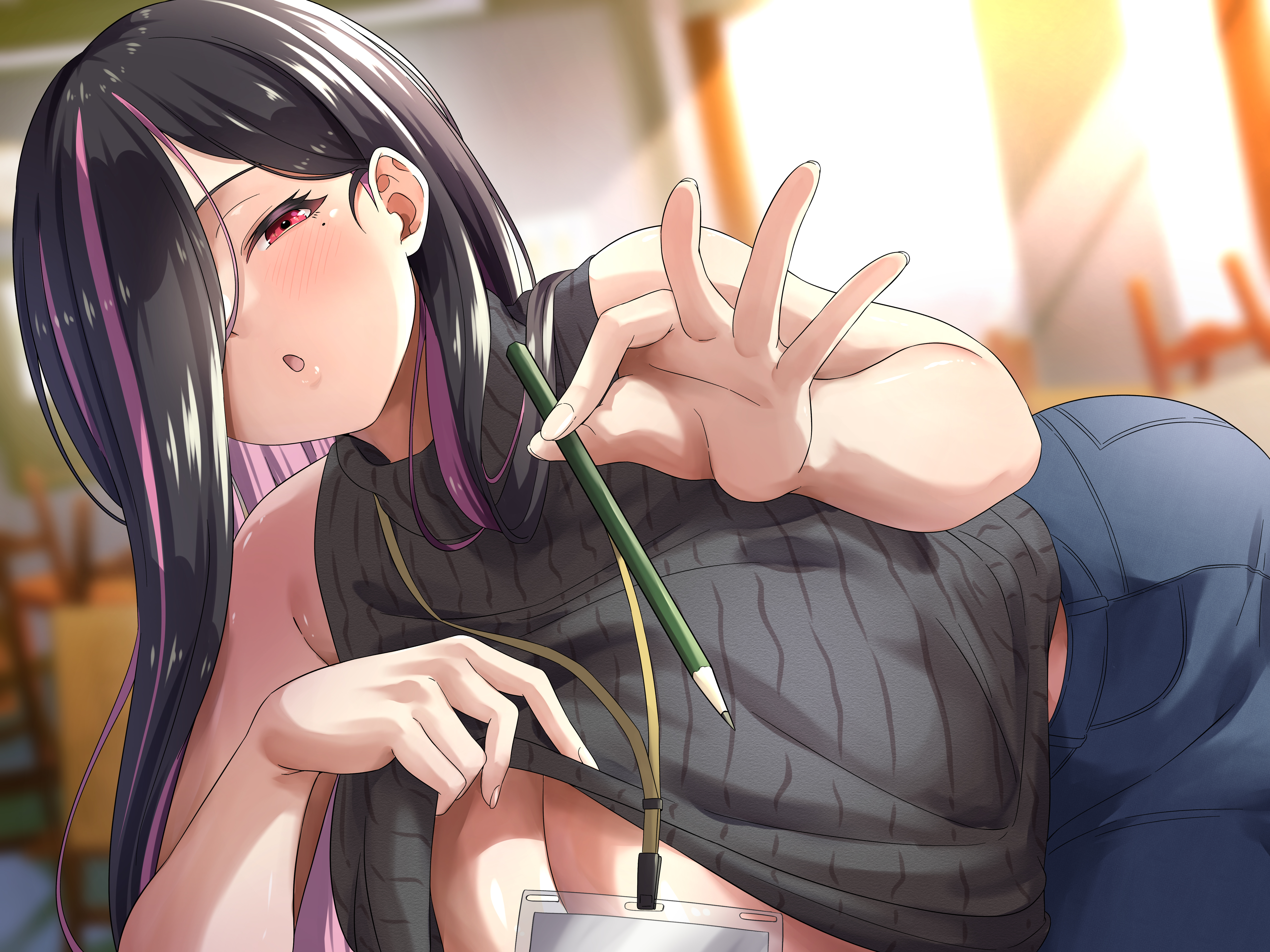 myaji12039, original, absurdres, highres, 1girl, :o, bare arms, black hair, black sweater, blue pants, blurry, blurry background, blush, breasts, cleavage, clothes lift, colored inner hair, denim, hair over one eye, holding, holding pencil, indoors, jeans, large breasts, long hair, looking at viewer, mole, mole under eye, multicolored hair, open mouth, pants, pencil, purple hair, red eyes, ribbed sweater, shirt lift, sleeveless, sleeveless sweater, streaked hair, sweater, sweater lift