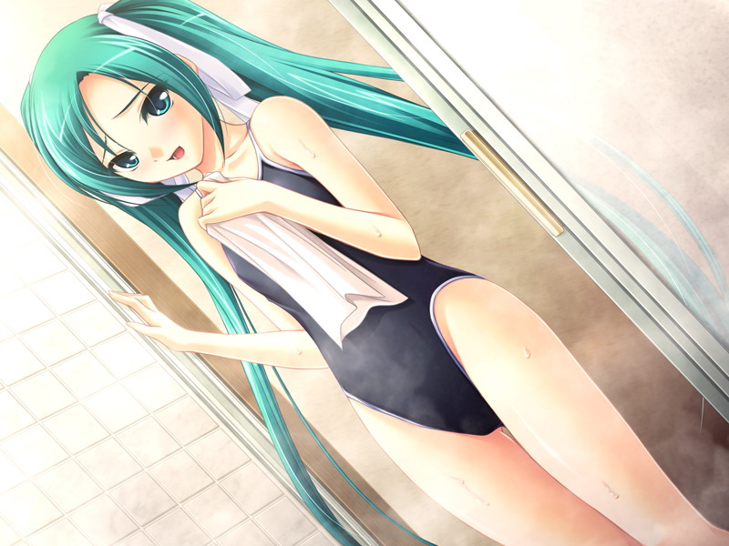 ichikawa noa, kiryuu hinaki, inraku no ketsuzoku, game cg, non-web source, 1girl, bath, bathroom, black one-piece swimsuit, competition school swimsuit, female focus, green eyes, green hair, long hair, matching hair/eyes, one-piece swimsuit, room, school swimsuit, showering, solo, steam, swimsuit, towel, twintails, very long hair, wet