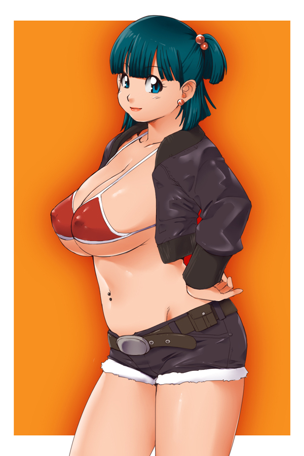 ganto, bulma, dragon ball, 1girl, alternate costume, aqua hair, belt, belt buckle, bikini, bikini top only, bikini under clothes, black jacket, black shorts, blue eyes, blue hair, blunt bangs, blush, breasts, buckle, cleavage, closed mouth, cowboy shot, curvy, cutoffs, denim, denim shorts, earrings, female focus, from side, gradient background, groin, hair bobbles, hair ornament, hand on own hip, huge breasts, jacket, jewelry, light smile, lipstick, long sleeves, looking at viewer, looking back, makeup, matching hair/eyes, micro bikini, navel, navel piercing, one side up, open clothes, open jacket, orange background, outline, outside border, piercing, plump, red bikini, short hair, short shorts, shorts, sideboob, simple background, smile, solo, standing, string bikini, swimsuit, thighs, underboob