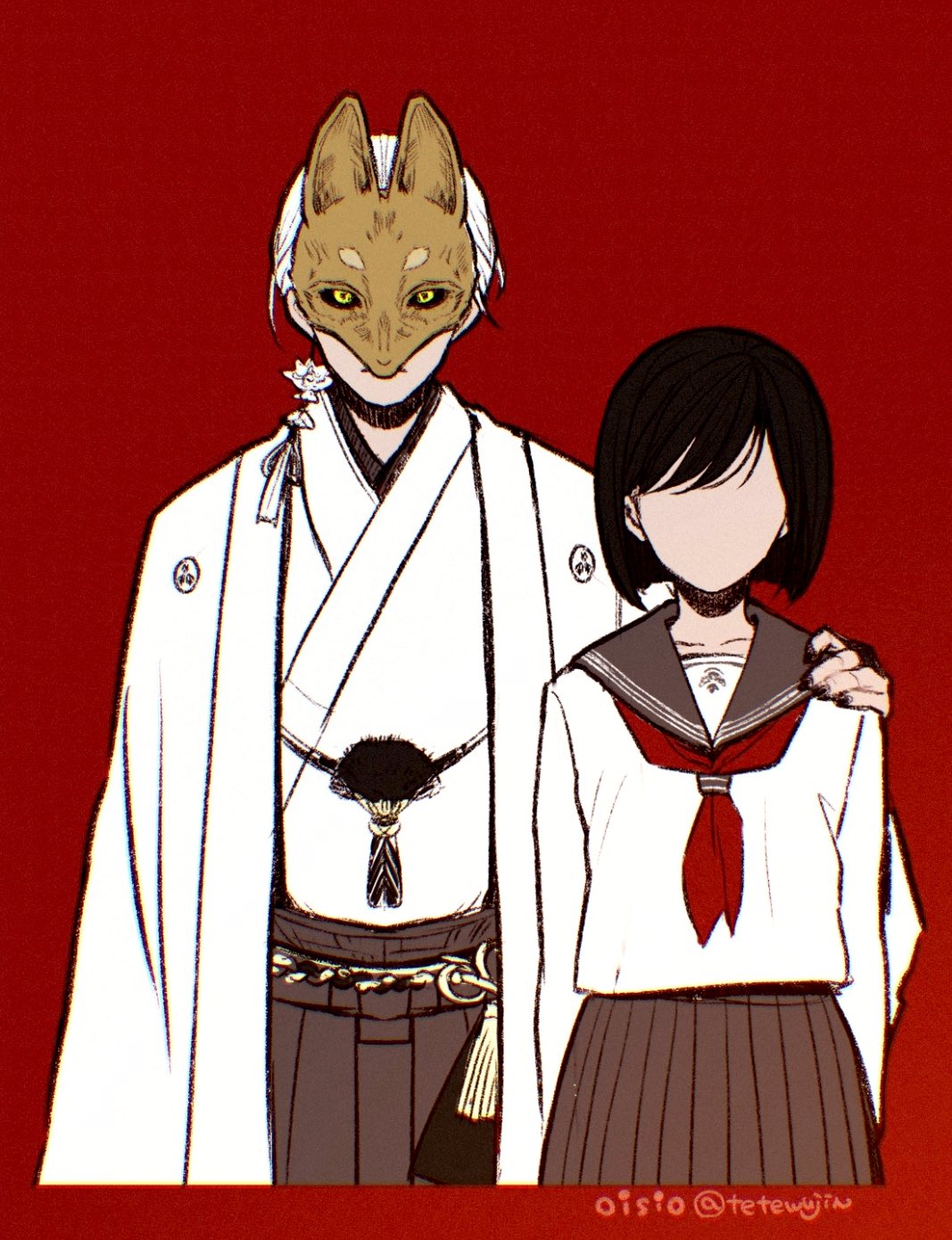 oisiso, fox mask (silent hill), shimizu hinako, silent hill (series), silent hill f, highres, 1boy, 1girl, arm around shoulder, artist name, black hair, black nails, black sailor collar, black sclera, black skirt, closed mouth, colored sclera, earrings, faceless, fox mask, jewelry, mask, nail polish, neckerchief, pleated skirt, red background, red neckerchief, robe, sailor collar, school uniform, shirt, short hair, single earring, skirt, tassel, tassel earrings, twitter username, upper body, white hair, white robe, white shirt, yellow eyes
