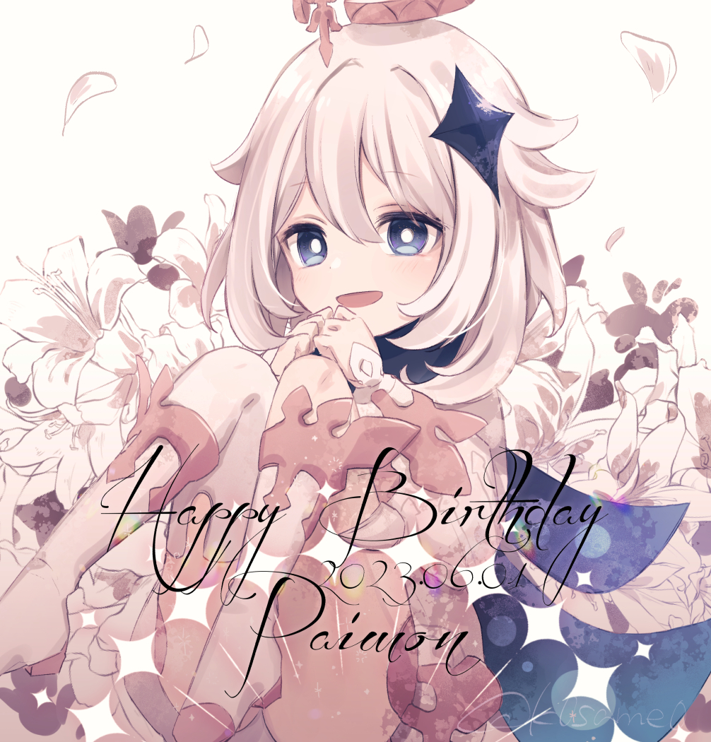 k0same0, paimon (genshin impact), genshin impact, 1girl, blue eyes, cape, capelet, dress, eyelashes, flower, hair ornament, halo, looking at viewer, open mouth, petals, sitting, white dress, white flower, white hair