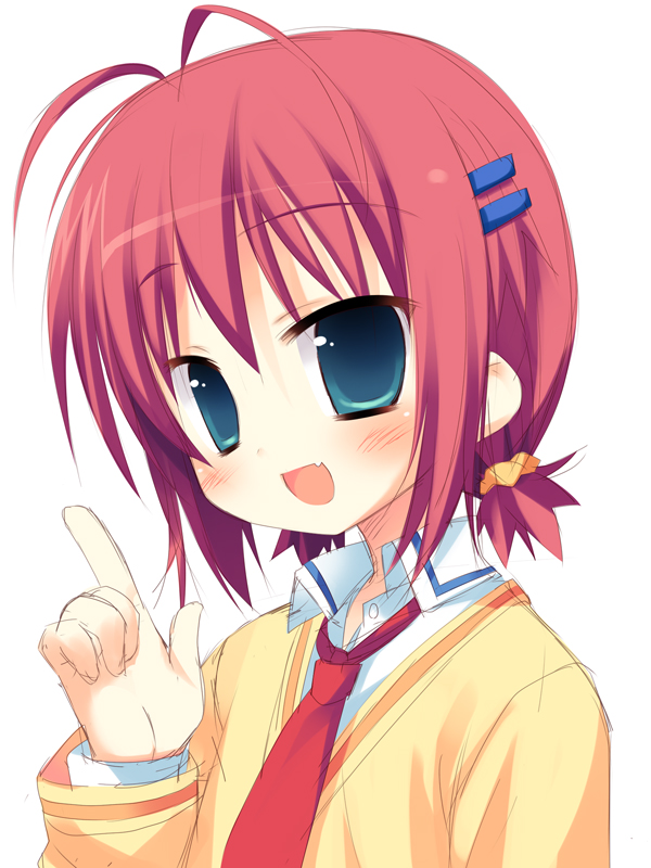 meito (maze), ebihara minase, bra-ban!, original, 1girl, :d, antenna hair, aqua eyes, blush, cardigan, fang, female focus, full body, hair ornament, hair scrunchie, hairclip, index finger raised, necktie, open mouth, pink hair, ponytail, red hair, school uniform, scrunchie, short hair, short ponytail, simple background, smile, solo