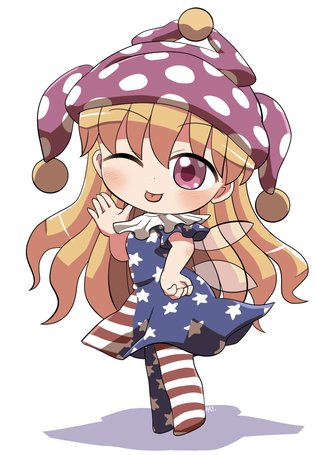 rokugou daisuke, clownpiece, touhou, commentary request, highres, 1girl, american flag, american flag print, blonde hair, blush, chibi, chibi only, closed mouth, dress, fairy wings, flag print, full body, hand up, hat, jester cap, long hair, looking at viewer, neck ruff, no shoes, one eye closed, pantyhose, pink eyes, pink hat, polka dot headwear, print dress, print pantyhose, short sleeves, signature, simple background, smile, solo, standing, star (symbol), star print, striped clothes, striped dress, striped pantyhose, very long hair, white background, wings