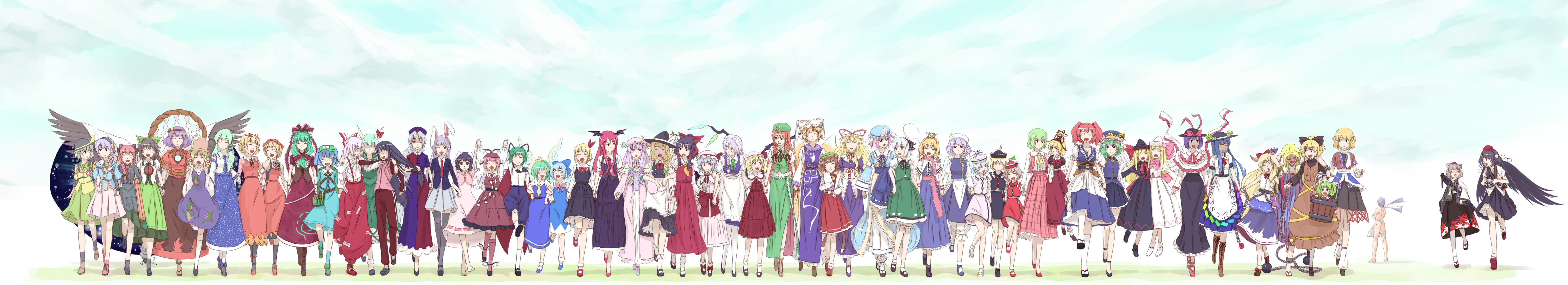 gustav (telomere na), aki minoriko, aki shizuha, alice margatroid, chen, cirno, daiyousei, ex-keine, flandre scarlet, fujiwara no mokou, hakurei reimu, hinanawi tenshi, hong meiling, hoshiguma yuugi, hourai doll, houraisan kaguya, ibuki suika, inaba tewi, inubashiri momiji, izayoi sakuya, kaenbyou rin, kagiyama hina, kamishirasawa keine, kawashiro nitori, kazami yuuka, kirisame marisa, kisume, koakuma, kochiya sanae, komeiji koishi, komeiji satori, konpaku youmu, konpaku youmu (ghost), kurodani yamame, letty whiterock, lily black, lily white, lunasa prismriver, lyrica prismriver, mannosuke, medicine melancholy, merlin prismriver, mizuhashi parsee, morichika rinnosuke, moriya suwako, mystia lorelei, nagae iku, onozuka komachi, patchouli knowledge, reisen udongein inaba, reiuji utsuho, remilia scarlet, rumia, saigyouji yuyuko, shameimaru aya, shanghai doll, shiki eiki, su-san, wriggle nightbug, yagokoro eirin, yakumo ran, yakumo yukari, yasaka kanako, touhou, silver hair, absurdres, highres, long image, wide image, 6+girls, ^ ^, anger vein, angry, animal ears, antennae, apron, backpack, bag, black hair, black wings, blonde hair, bloomers, blue hair, blush stickers, bow, braid, bucket, camera, cape, carrot, carrot necklace, cat ears, cat tail, chain, closed eyes, coin, crescent, crescent moon, cross, cup, detached sleeves, doll, dress, dual persona, everyone, extra ears, fairy wings, food, fox tail, frills, frog, from behind, front ponytail, fruit, gem, geta, ghost, gohei, green eyes, green hair, hair bobbles, hair bow, hair ornament, hair ribbon, hairband, hat, hat bow, hat ribbon, heart, hitodama, holding hands, horns, ice, in bucket, in container, japanese clothes, jewelry, leg up, locked arms, loincloth, long hair, maid, maid apron, mirror, moon, multiple girls, multiple tails, necklace, ofuda, one eye closed, orange hair, pants, peach, pendant, pink hair, plaid clothes, plaid skirt, plaid vest, purple eyes, purple hair, rabbit ears, red eyes, red hair, ribbon, rope, sakazuki, scarf, shawl, shirt, side ponytail, single horn, skirt, skirt set, slit pupils, smile, snake, socks, star (symbol), tail, tears, tengu-geta, thighhighs, third eye, tokin hat, tools, track suit, twintails, two side up, underwear, vest, wings, wink