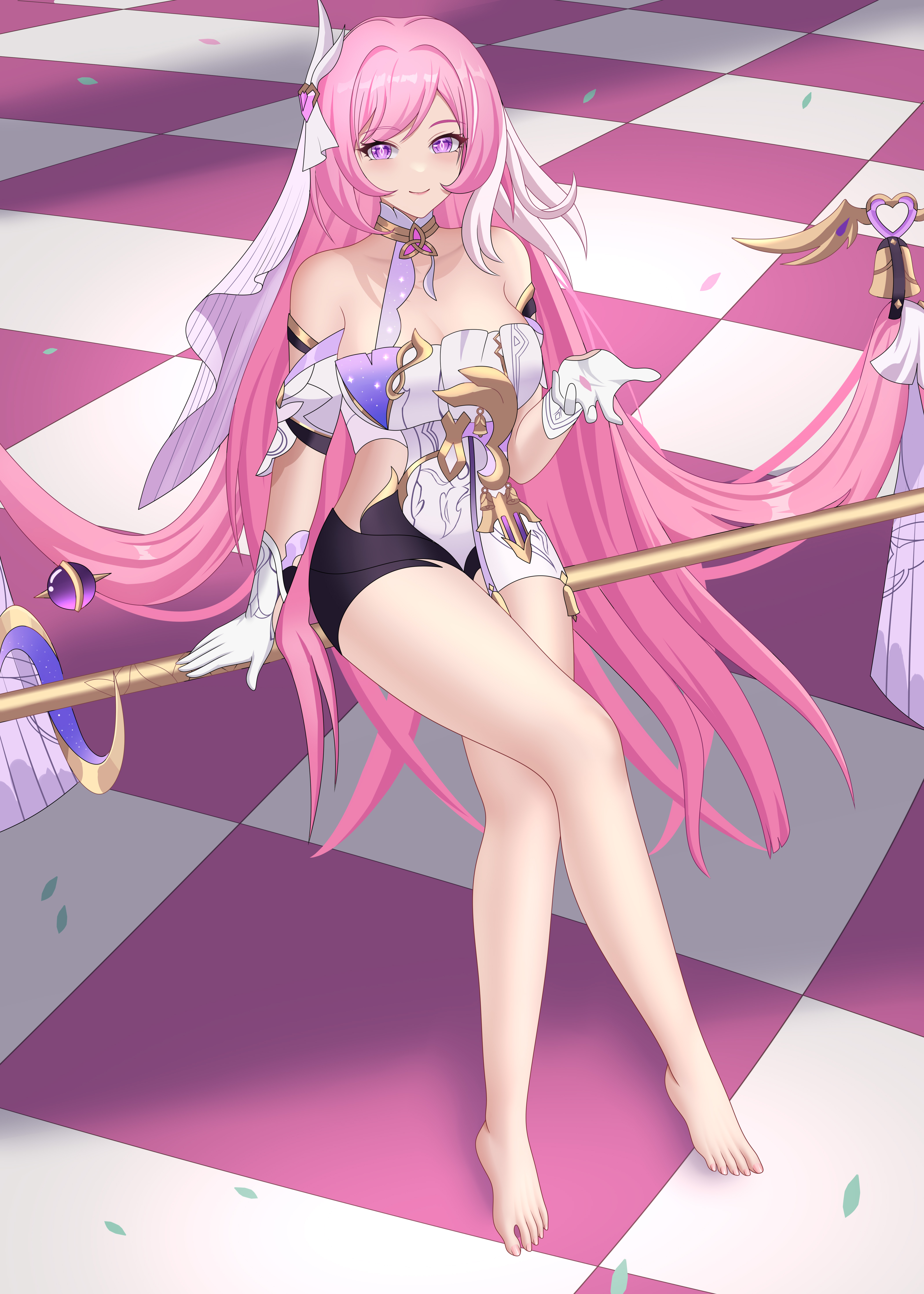 shuaishousha, elysia (herrscher of human: ego) (honkai impact), elysia (honkai impact), honkai (series), honkai impact 3rd, absurdres, chinese commentary, commentary request, highres, 1girl, barefoot, black shorts, breasts, checkered floor, cleavage, corset, diamond-shaped pupils, diamond (shape), feet, large breasts, long hair, looking at viewer, multicolored hair, pink hair, purple eyes, shorts, smile, solo, staff riding, symbol-shaped pupils, toes, two-tone hair, veil, very long hair, white corset, white hair, white veil