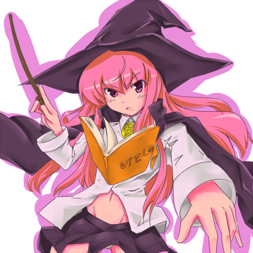 louise francoise le blanc de la valliere, zero no tsukaima, artist request, lowres, non-web source, 00s, 1girl, book, cape, female focus, hat, long hair, open clothes, open shirt, panties, pantyshot, pentacle, pink eyes, pink hair, shirt, solo, underwear, wand, white background, witch hat