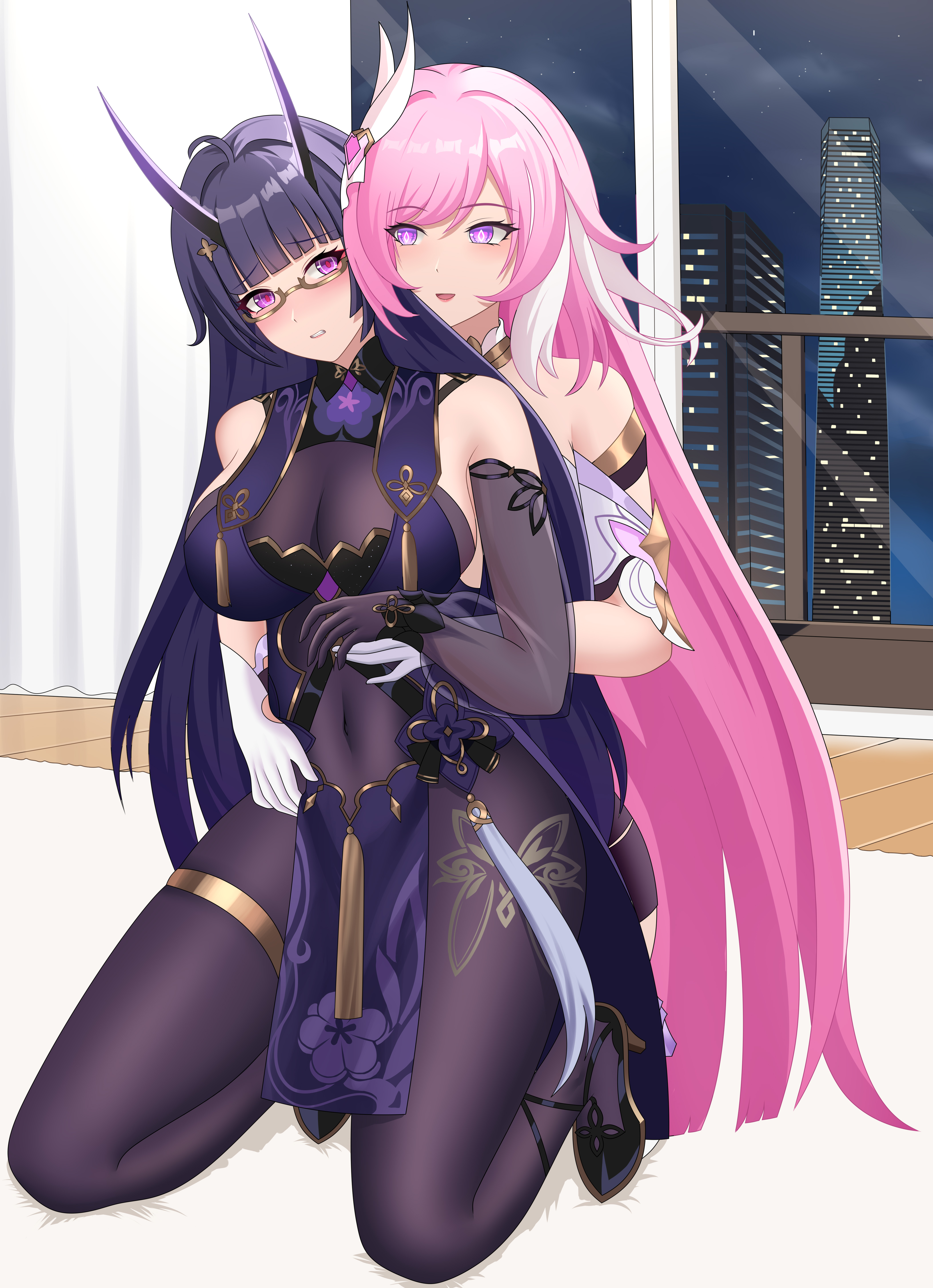 shuaishousha, elysia (honkai impact), raiden mei, raiden mei (herrscher of thunder), raiden mei (rainy springtide), honkai (series), honkai impact 3rd, absurdres, highres, 2girls, bodystocking, breasts, building, china dress, chinese clothes, diamond-shaped pupils, diamond (shape), dress, gloves, highleg, horns, hug, hug from behind, indoors, large breasts, long hair, multiple girls, night, night sky, official alternate costume, pink hair, purple dress, purple eyes, purple hair, purple horns, see-through cleavage, see-through clothes, seiza, sitting, sky, skyscraper, symbol-shaped pupils, two side up, very long hair, white gloves, white hair, window, yuri