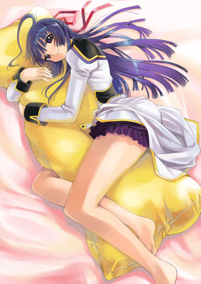 mikazuki akira!, karasuma chitose, galaxy angel, 00s, 1girl, blue hair, female focus, green eyes, half updo, hug, hugging object, long hair, lying, military, military uniform, pillow, pillow hug, solo