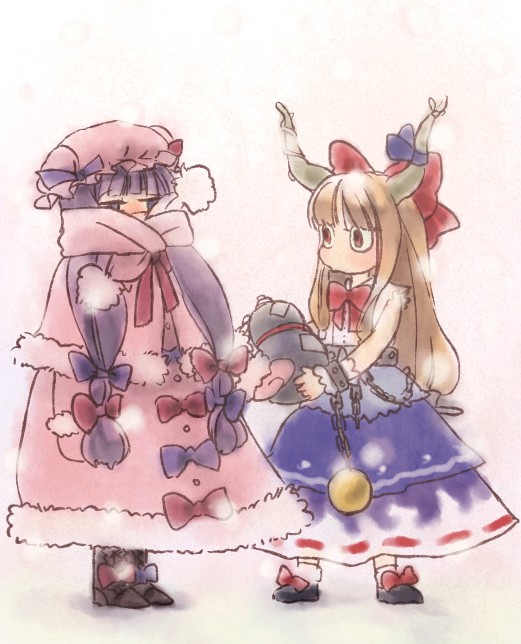 mow (momom), ibuki suika, patchouli knowledge, perfect cherry blossom, touhou, 2girls, bow, brown eyes, brown hair, coat, gourd, gradient background, hat, horns, multiple girls, purple eyes, purple hair, ribbon, scarf, snow, standing, white background, winter