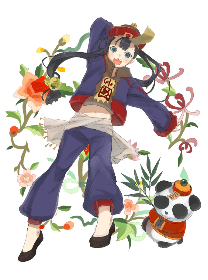 01 0219, black hair, chinese clothes, flower, green eyes, happy, hat, long hair, panda, solo