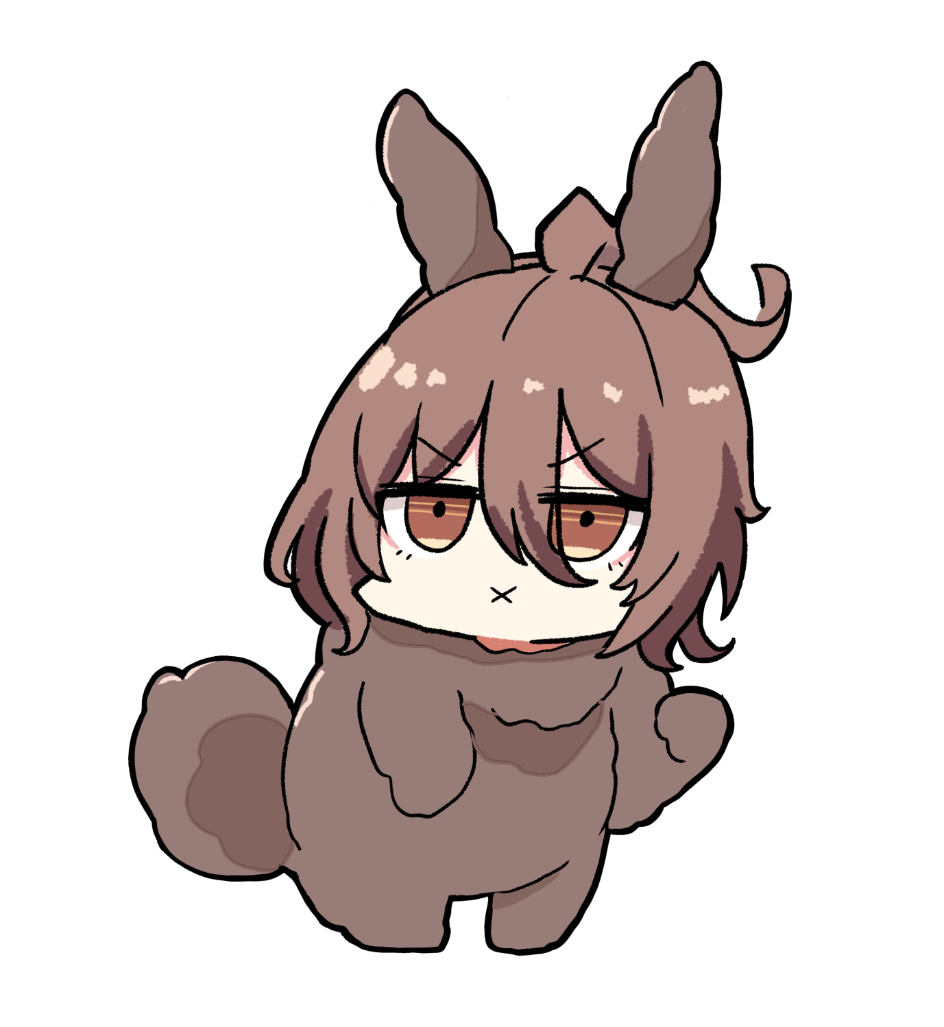 kawamochi (tddm3573), agnes tachyon (umamusume), umamusume, highres, 1girl, ahoge, animal ears, brown eyes, brown hair, full body, hair between eyes, rabbit ears, rabbit girl, rabbit tail, simple background, standing, tail, v-shaped eyebrows, white background, x mouth