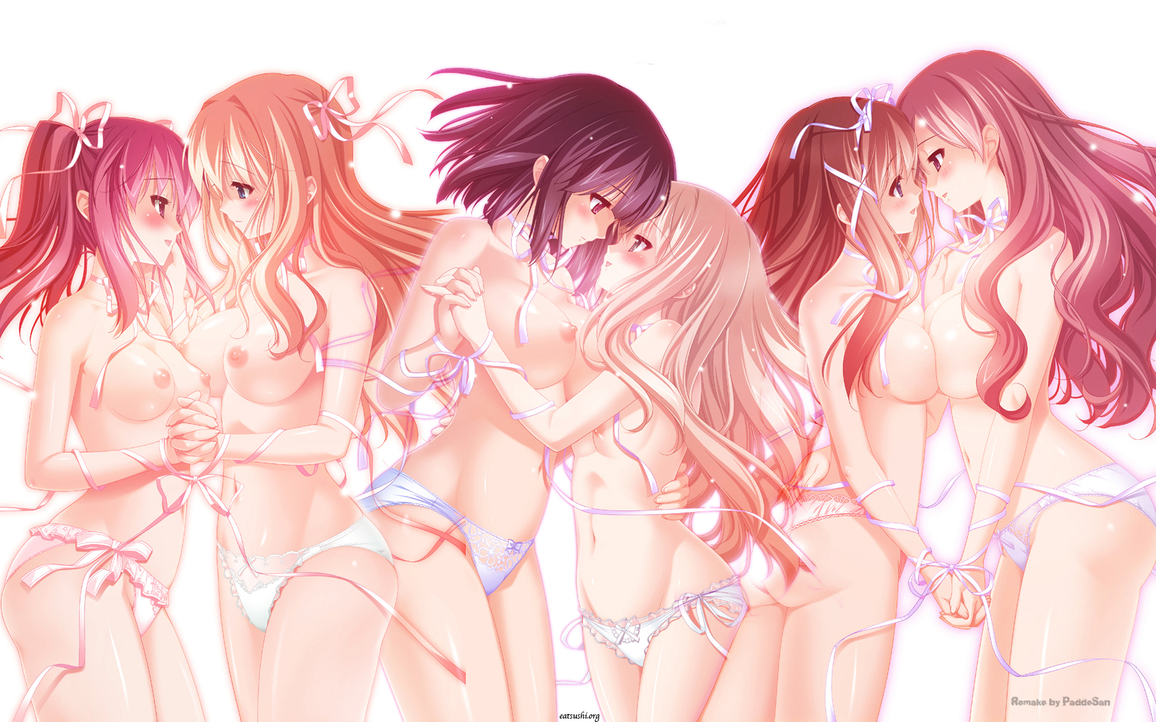 kani biimu, kawamura reo, kitajima kaede, kitajima sara, matsubara yuuna, oda nanami, sawaguchi mai, sono hanabira ni kuchizuke wo, highres, third-party edit, 6+girls, ass, asymmetrical docking, blonde hair, blue panties, blush, breast press, breasts, couple, covered erect nipples, dreaming, everyone, eye contact, groin, holding hands, lace, lace-trimmed panties, lace trim, large breasts, long hair, looking at another, multiple girls, nipples, open mouth, panties, pink panties, ribbon, short hair, side-tie panties, sideboob, small breasts, smile, topless female, twintails, underwear, watermark, white panties, yuri