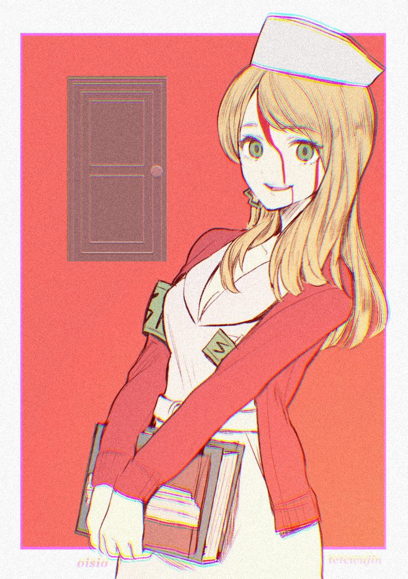 oisiso, lisa garland, silent hill (series), 1girl, armband, blonde hair, blood, blood from forehead, blood on face, book, border, breasts, cleavage, cow, door, dress, earrings, green armband, green eyes, hat, holding, holding book, jacket, jewelry, long hair, looking at viewer, medium breasts, nurse, nurse cap, open mouth, red background, red jacket, silent hill 1, smile, solo, swept bangs, v arms, white border, white dress