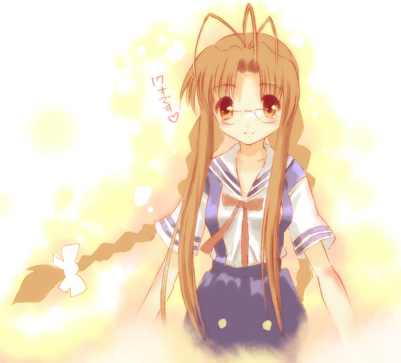 kankurou, furukawa sanae, inoue kikuko, clannad, bad id, bad pixiv id, 00s, antenna hair, braid, brown eyes, brown hair, glasses, long hair, school uniform, serafuku, solo, twin braids, voice actor connection