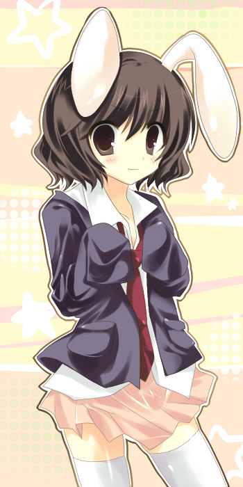 kinoko (hkn), knk, inaba tewi, reisen udongein inaba, touhou, bad id, bad pixiv id, 1girl, animal ears, cosplay, female focus, oversized clothes, rabbit ears, reisen udongein inaba (cosplay), short hair, solo, standing, thighhighs