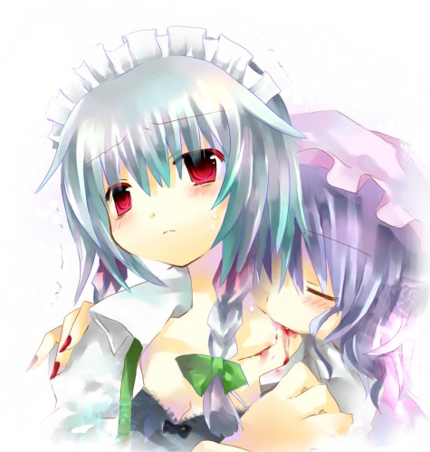 jin rikuri, izayoi sakuya, remilia scarlet, touhou, silver hair, bad id, bad pixiv id, lowres, 2girls, biting, blood, blood sucking, blush, bow, braid, closed eyes, female focus, fingernails, hair bow, long fingernails, maid, multiple girls, nail polish, neck biting, purple hair, red eyes, red nails, short hair, trembling, twin braids, vampire