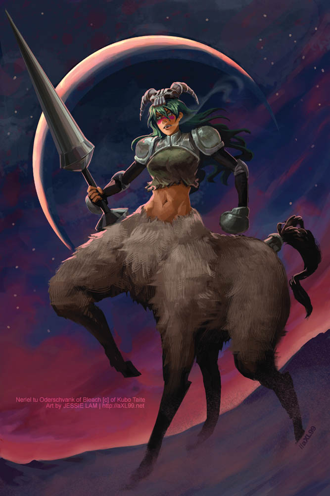 axl99, jessie lam, nelliel tu odelschwanck, bleach, 00s, 1girl, armor, arrancar, breasts, centauroid, character name, copyright name, facial mark, female focus, green hair, helmet, horns, lance, large breasts, long hair, midriff, monster girl, moon, night, polearm, resurreccion, skull, solo, spear, star (symbol), tail, taur, watermark, weapon, web address