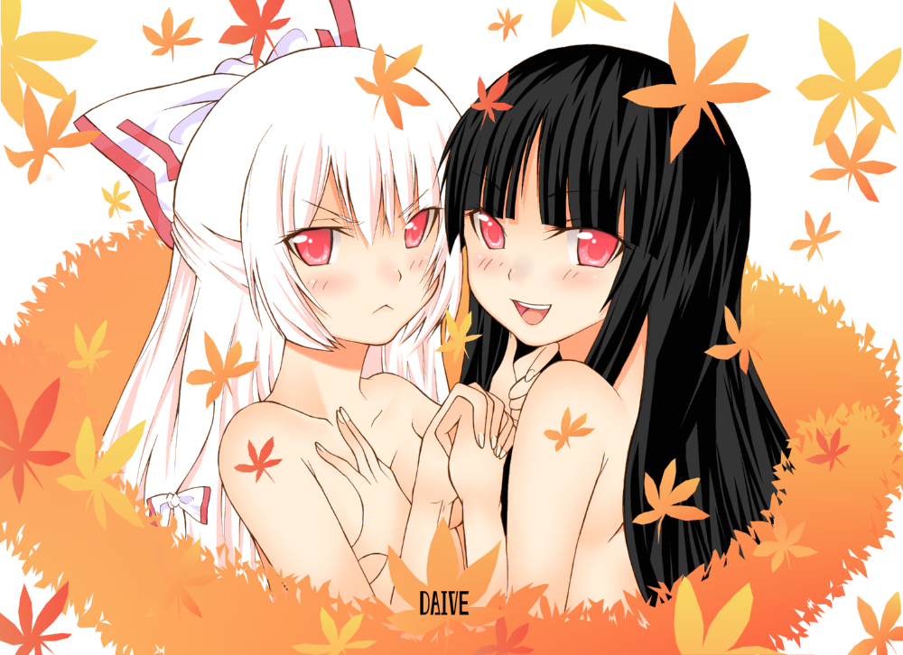 daive, fujiwara no mokou, houraisan kaguya, touhou, bad id, bad pixiv id, 2girls, :<, autumn, autumn leaves, black hair, blush, falling leaves, female focus, leaf, long hair, multiple girls, ribbon, white hair, yuri