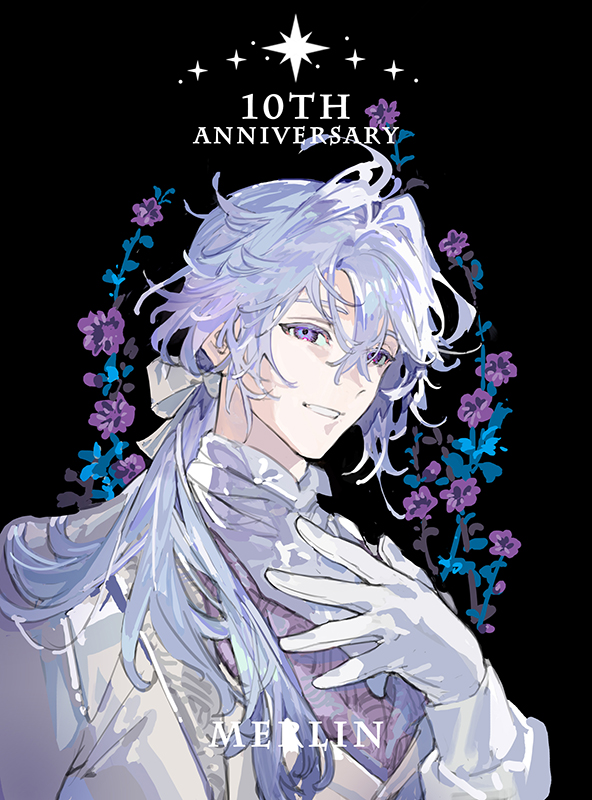 starshadowmagician, merlin (celebratory attire) (fate), merlin (fate), fate/grand order, fate (series), commentary request, 1boy, anniversary, black background, character name, flower, gloves, hair between eyes, hand on own chest, jacket, long hair, male focus, parted lips, purple eyes, purple flower, solo, upper body, white gloves, white hair, white jacket