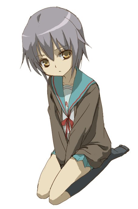 nagato yuki, suzumiya haruhi no yuuutsu, silver hair, non-web source, 00s, cardigan, kneeling, orange eyes, school uniform, serafuku, short hair, solo