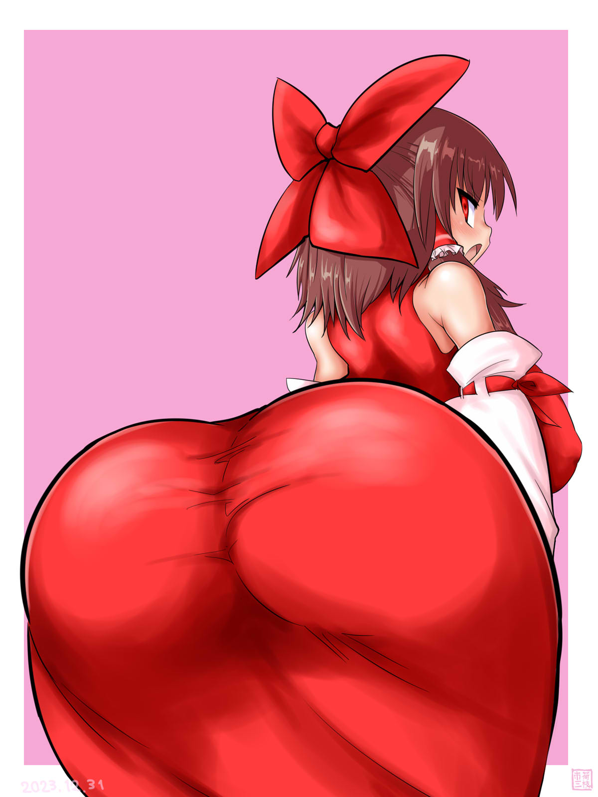 itini-sanshi, hakurei reimu, reu (cookie), cookie (touhou), touhou, commentary request, highres, 1girl, ass, ass focus, blush, bow, breasts, brown hair, cowboy shot, dated, detached sleeves, dress, frilled hair tubes, frills, from behind, hair bow, hair tubes, large breasts, looking at viewer, looking back, medium hair, open mouth, pink background, red bow, red dress, red eyes, sidelocks, sleeveless, sleeveless dress, solo, two-tone background, white sleeves