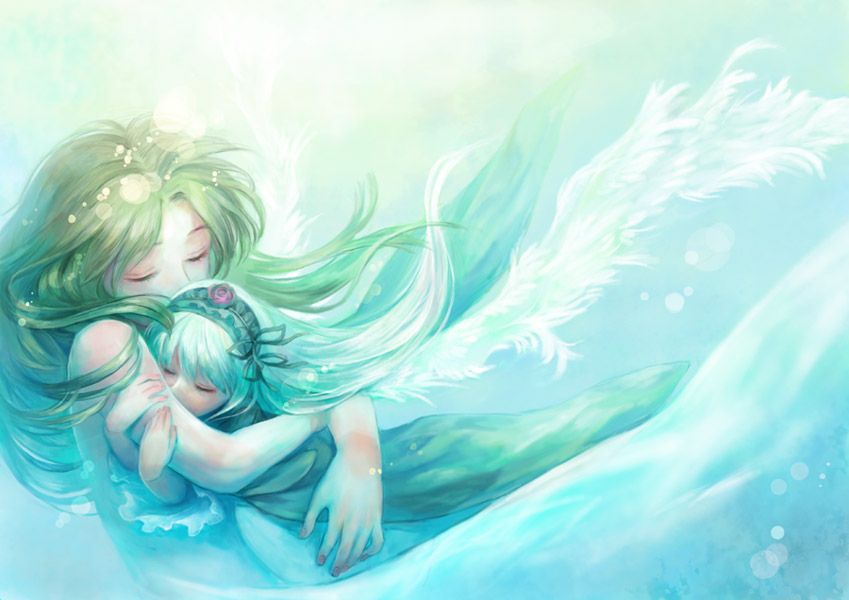 miya (foolish order), kakizaki megu, suigintou, rozen maiden, 00s, blurry, bokeh, closed eyes, covered mouth, depth of field, eyelashes, hug, long hair, white hair, wings
