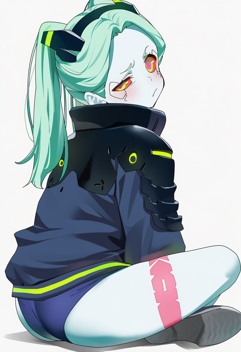 larkst, rebecca (cyberpunk), cyberpunk: edgerunners, cyberpunk (series), artist request, highres, 1girl, :/, artificial eye, ass, bare shoulders, bra, closed mouth, colored sclera, colored skin, crossed legs, cyborg, full body, green eyes, green hair, long hair, looking down, mechanical eye, neck tattoo, pink tattoo, red pupils, red sclera, simple background, solo, stomach tattoo, strapless, strapless bra, tattoo, twintails, underwear, underwear only, upper body, white skin, wide hips