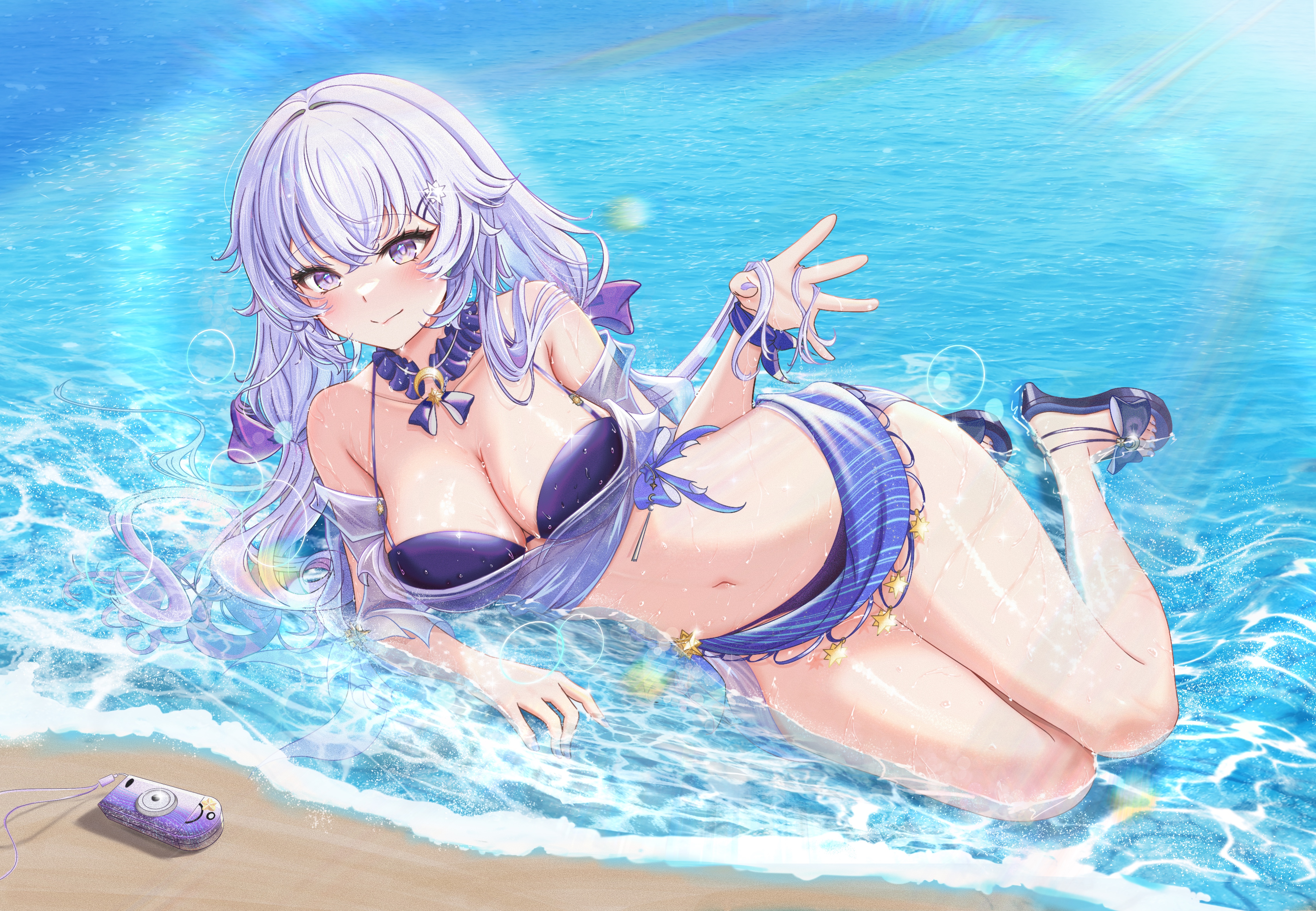 br-mk-ix, celestia (strinova), strinova, absurdres, highres, 1girl, armpit crease, beach, bikini, blush, bow, breasts, celestia (stellar tide) (strinova), cleavage, detached collar, feet, halterneck, hand in own hair, large breasts, long hair, low twintails, lying, navel, official alternate costume, on side, outdoors, partially submerged, purple eyes, see-through clothes, sidelocks, solo, swimsuit, thick thighs, thighs, toes, twintails, water, wet, white hair