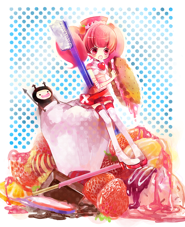shimeko, milk (pop'n music), bemani, pop'n music, bad id, bad pixiv id, 1girl, boots, chocolate, cookie, eating, food, food-themed clothes, fruit, hat, heart, high heel boots, high heels, in food, mini person, minigirl, orange (fruit), pink hair, shimeshime, shoes, strawberry, teeth, thighhighs, toothbrush, twintails