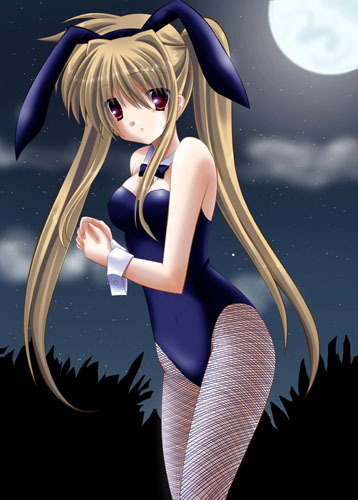 kirihara natsuki, fate testarossa, lyrical nanoha, mahou shoujo lyrical nanoha, bad id, bad pixiv id, lowres, 00s, animal ears, blonde hair, fake animal ears, fishnet pantyhose, fishnets, long hair, moon, pantyhose, playboy bunny, rabbit ears, red eyes, solo, twintails